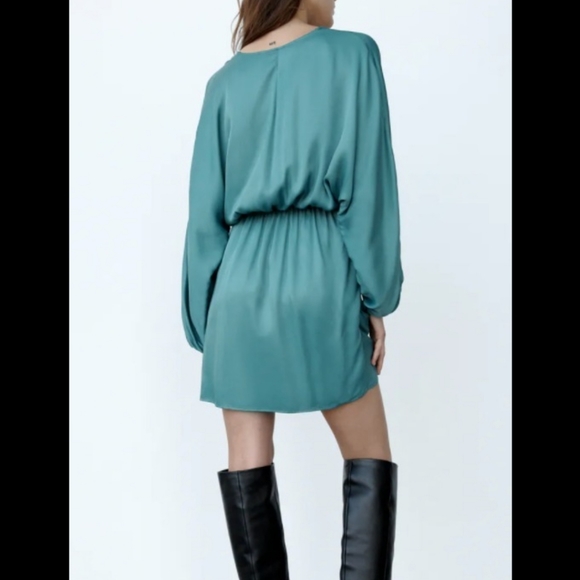 NWT* Zara Satin Effect Wrap Dress Green Mini - Picture 6 of 7